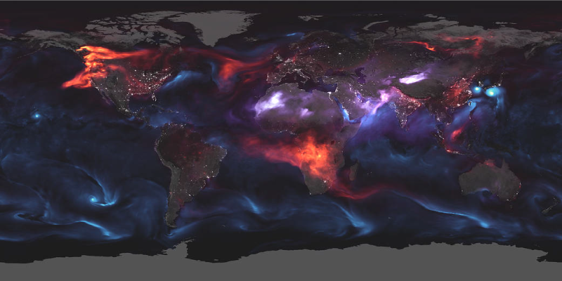 Map showing drifting plumes of smoke, tropical cyclones, and dust clouds